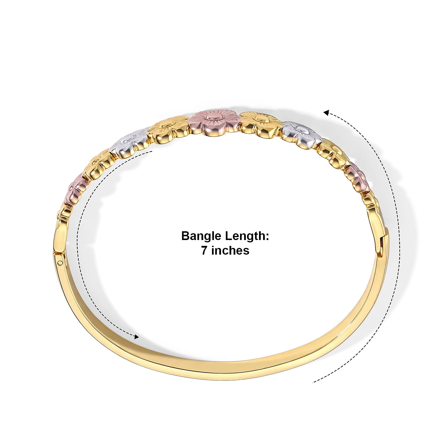 Trending Tri-Tone Floral Link Bangle Bracelet in ION Plated YRG Stainless Steel (7.0 In)