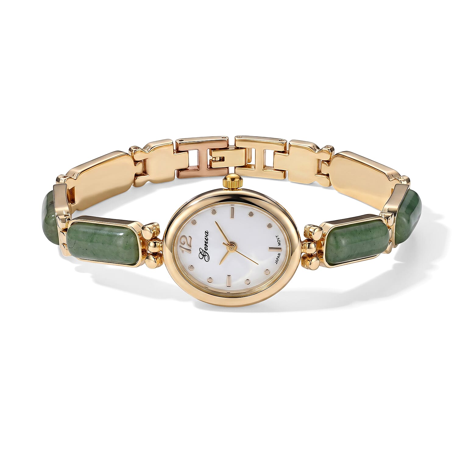 Genoa Green Aventurine Japanese Movement Bracelet Watch in Goldtone (7-7.75In) 8.00 ctw