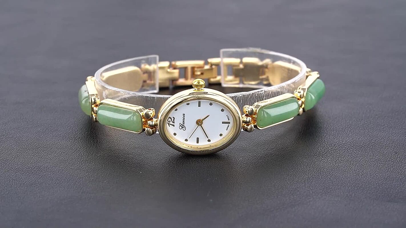 Genoa Green Aventurine Japanese Movement Bracelet Watch in Goldtone (7-7.75In) 8.00 ctw