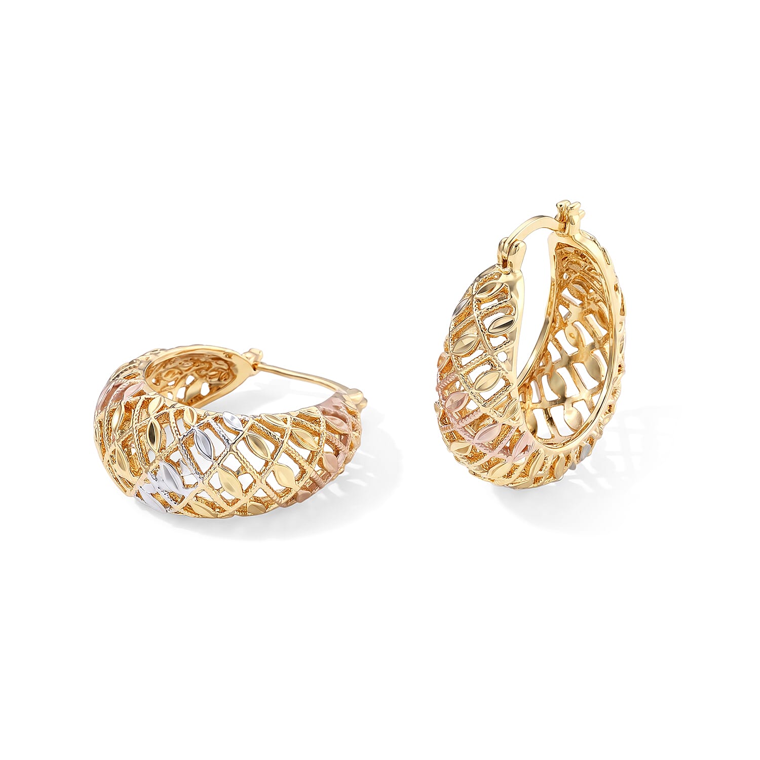 Woven basket weave hoop earrings in tri-tone
