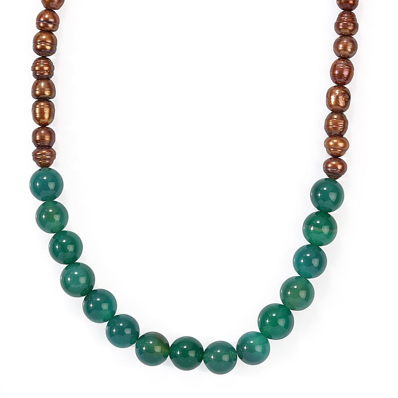 EverTrue Brown Pearl (D) and Green Agate 105.00 ctw Necklace in Platinum Bond 18 Inches