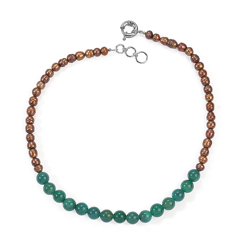 EverTrue Brown Pearl (D) and Green Agate 105.00 ctw Necklace in Platinum Bond 18 Inches