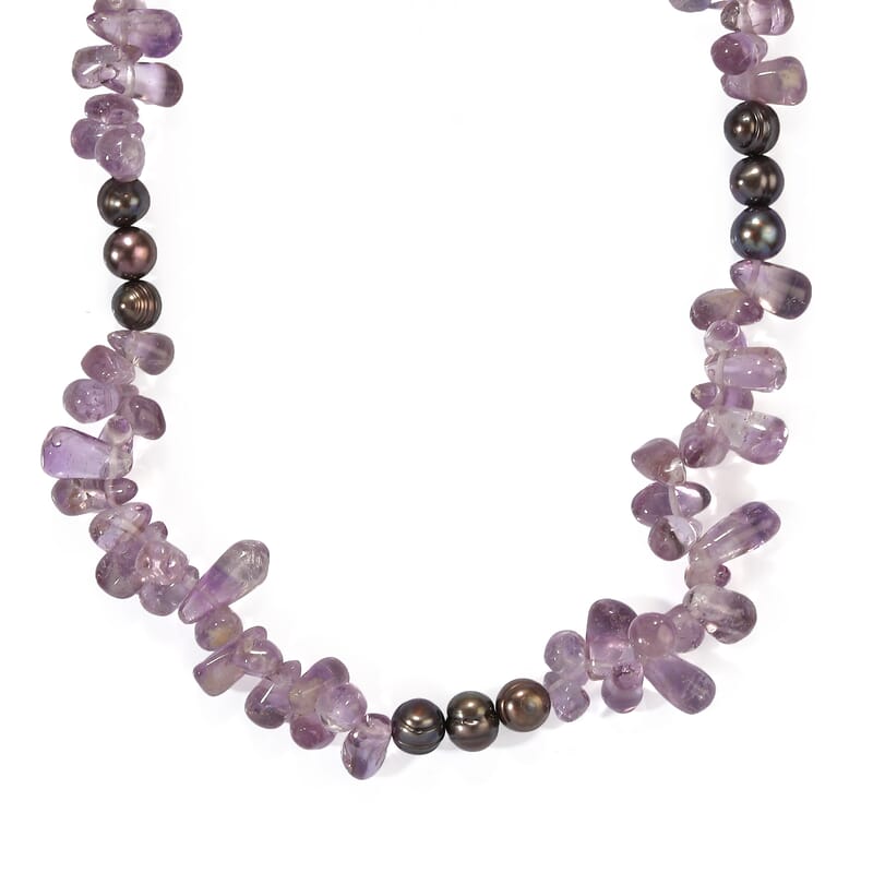 EverTrue African Amethyst and Peacock Pearl (D) 90.00 ctw Necklace in Platinum Bond 18 Inches