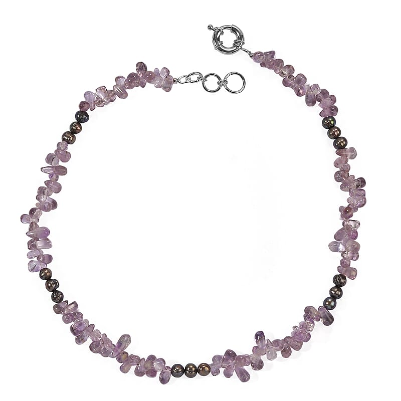 EverTrue African Amethyst and Peacock Pearl (D) 90.00 ctw Necklace in Platinum Bond 18 Inches