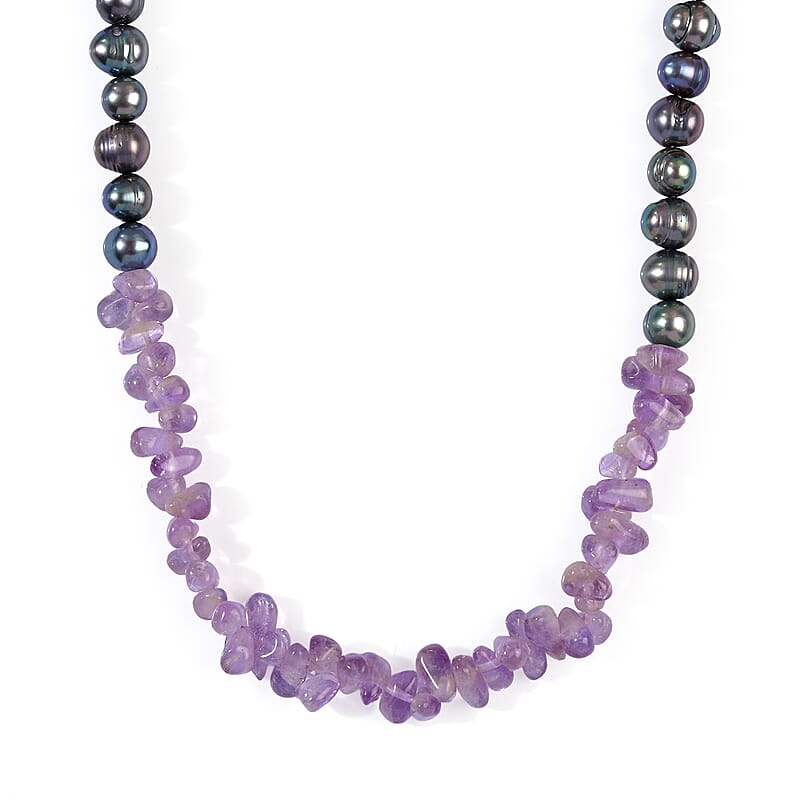 EverTrue Peacock Pearl (D) and African Amethyst 50.00 ctw Necklace in Platinum Bond 18 Inches