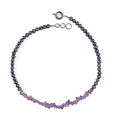 EverTrue Peacock Pearl (D) and African Amethyst 50.00 ctw Necklace in Platinum Bond 18 Inches