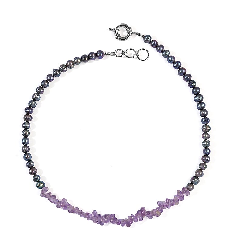 EverTrue Peacock Pearl (D) and African Amethyst 50.00 ctw Necklace in Platinum Bond 18 Inches