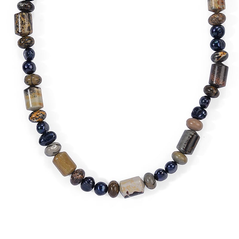 EverTrue Jasper and Blue Pearl (D) Necklace in Platinum Bond 18 Inches