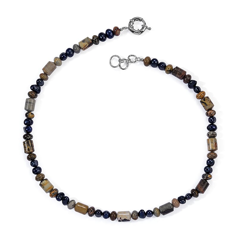 EverTrue Jasper and Blue Pearl (D) Necklace in Platinum Bond 18 Inches