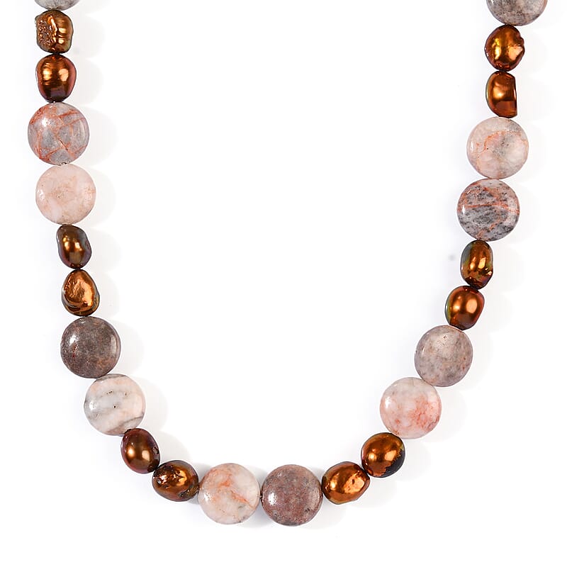 EverTrue Pink Zebra Jasper and Brown Pearl (D) 90.00 ctw Necklace in Platinum Bond 18 Inches