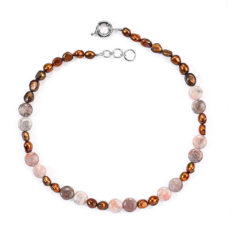 EverTrue Pink Zebra Jasper and Brown Pearl (D) 90.00 ctw Necklace in Platinum Bond 18 Inches