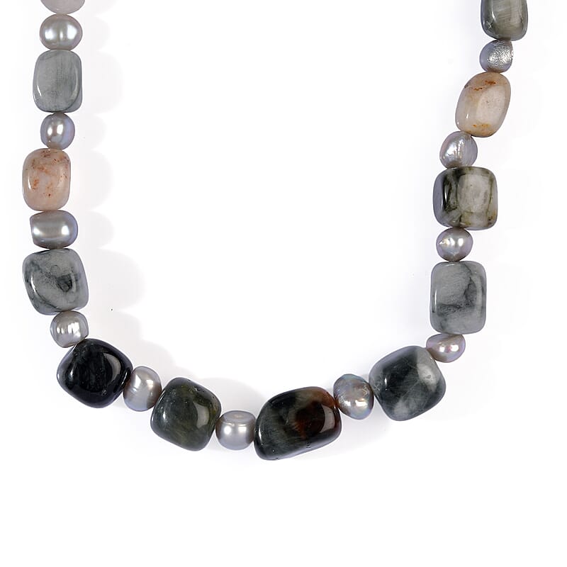EverTrue Grey Pearl (D) and Picasso Jasper 180.00 ctw Necklace in Platinum Bond 18 Inches