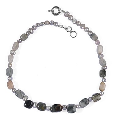 EverTrue Grey Pearl (D) and Picasso Jasper 180.00 ctw Necklace in Platinum Bond 18 Inches