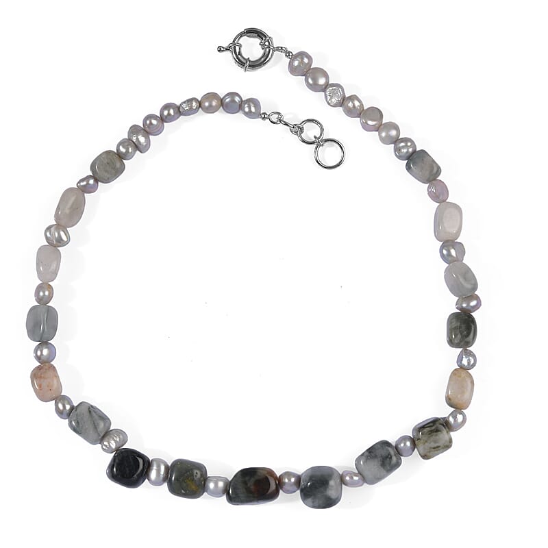 EverTrue Grey Pearl (D) and Picasso Jasper 180.00 ctw Necklace in Platinum Bond 18 Inches