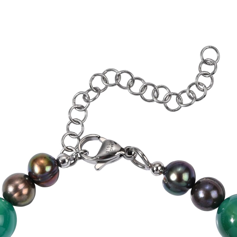 EverTrue Rainforest Jasper, Green Agate and Peacock Pearl (D) 75.00 ctw Beaded Bracelet in Stainless Steel (7.25 In)