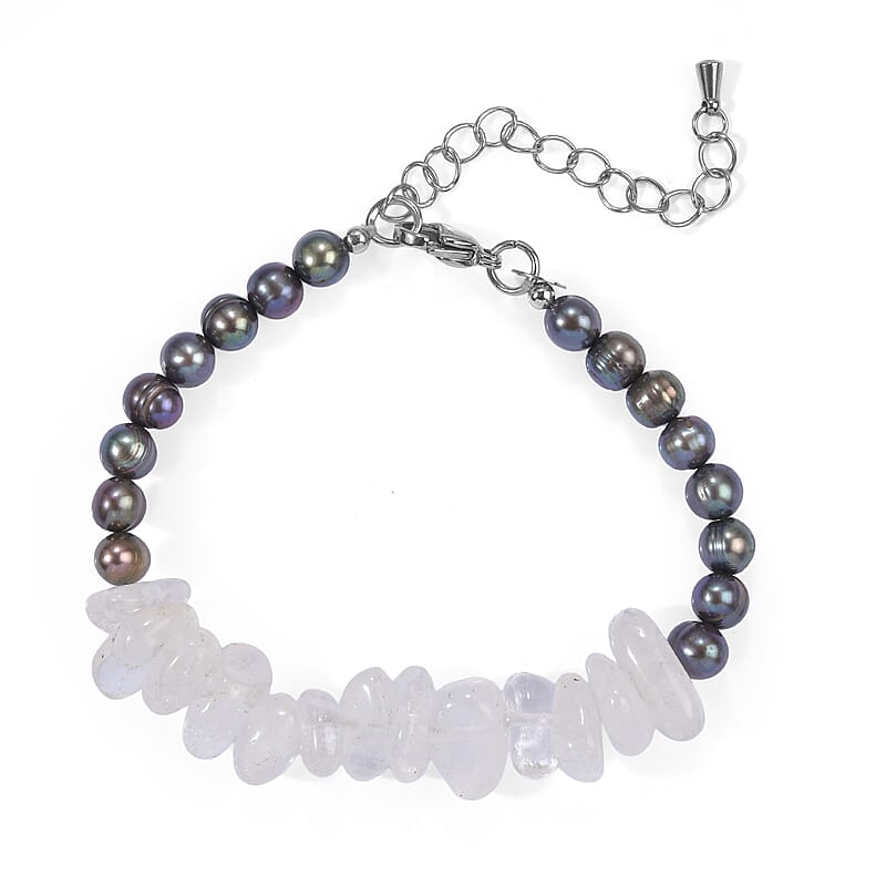 EverTrue Peacock Pearl and Austrian Crystal Bracelet in Stainless Steel (7.25 In)