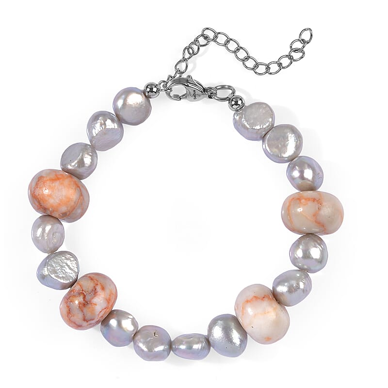 EverTrue Pink Web Jasper and Grey Pearl (D) 50.00 ctw Beaded Bracelet in Stainless Steel (7.25 In)