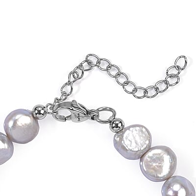 EverTrue Pink Web Jasper and Grey Pearl (D) 50.00 ctw Beaded Bracelet in Stainless Steel (7.25 In)