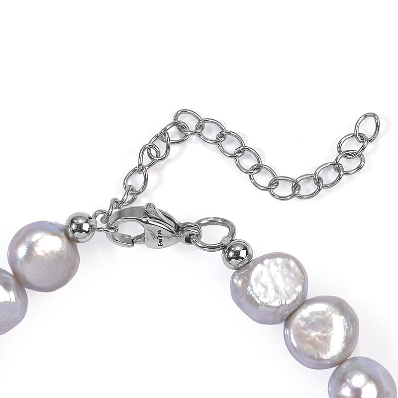 EverTrue Pink Web Jasper and Grey Pearl (D) 50.00 ctw Beaded Bracelet in Stainless Steel (7.25 In)