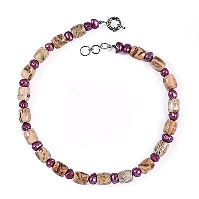 EverTrue Venus Jasper and Light Pink Pearl (D) Necklace in Platinum Bond 18 Inches