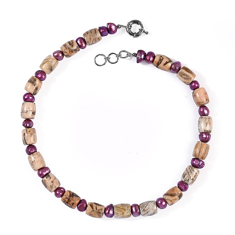 EverTrue Venus Jasper and Light Pink Pearl (D) Necklace in Platinum Bond 18 Inches