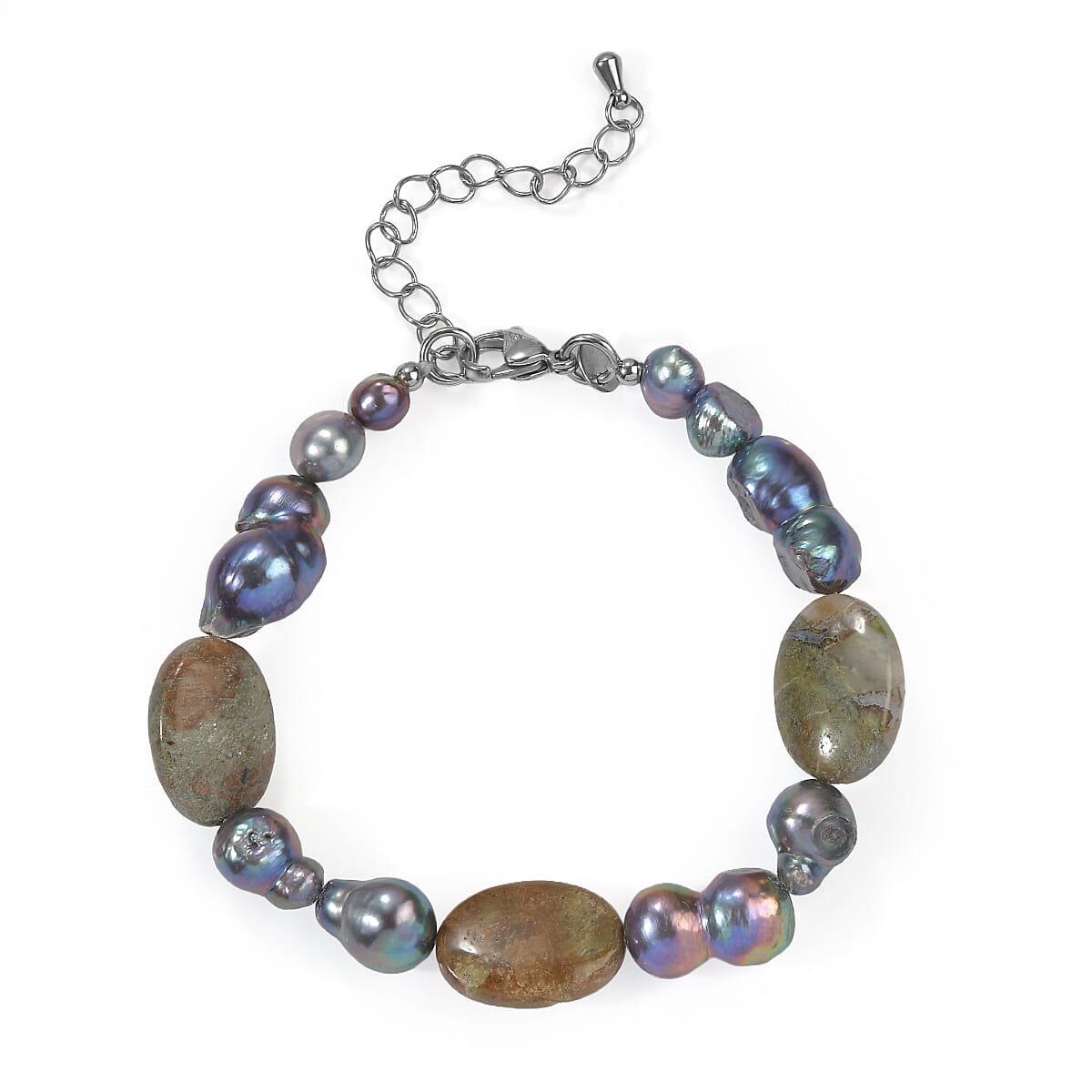 EverTrue Green Opal and Peacock Pearl (D) 27.00 ctw Beaded Bracelet in Stainless Steel (7.25 In)