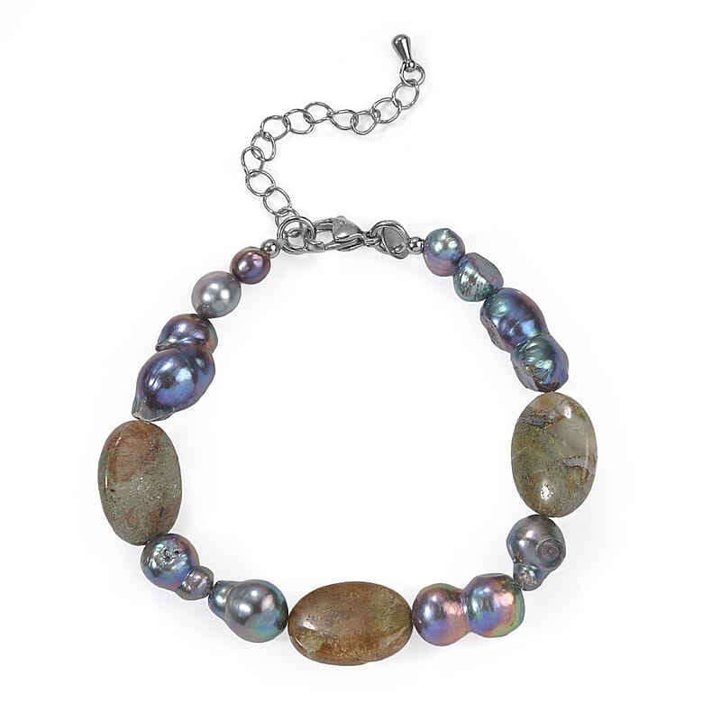 EverTrue Green Opal and Peacock Pearl (D) 27.00 ctw Beaded Bracelet in Stainless Steel (7.25 In)