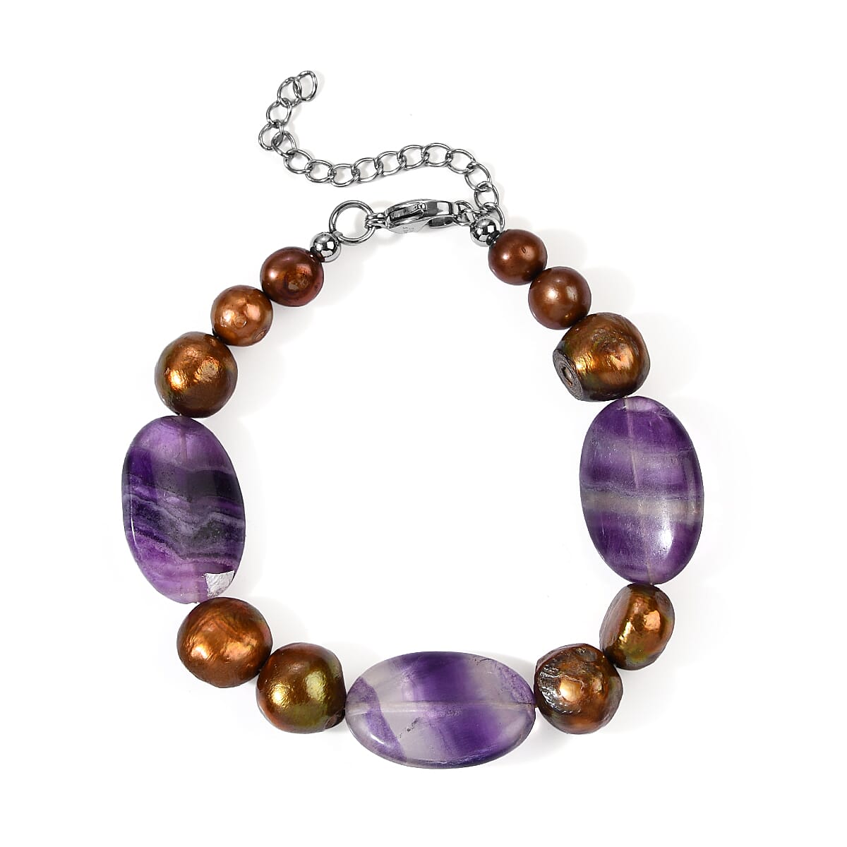 EverTrue Fluorite and Bronze Pearl (D) 45.00 ctw Beaded Bracelet in Stainless Steel (7.25 In)