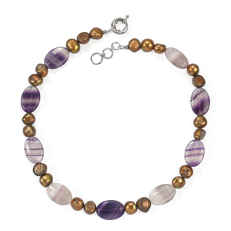 EverTrue Fluorite and Bronze Pearl (D) 170.00 ctw Necklace in Platinum Bond 18 Inches