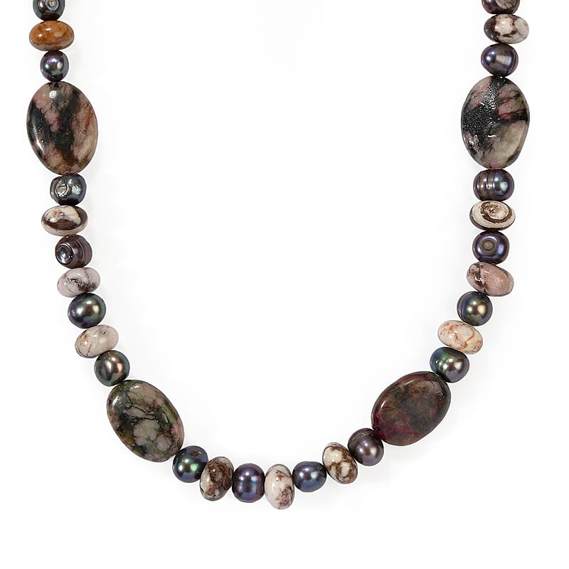 EverTrue Crazy Lace and Multi Jasper, Peacock Pearl v Necklace in Platinum Bond 18 Inches