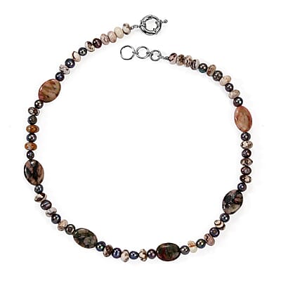 EverTrue Crazy Lace and Multi Jasper, Peacock Pearl v Necklace in Platinum Bond 18 Inches