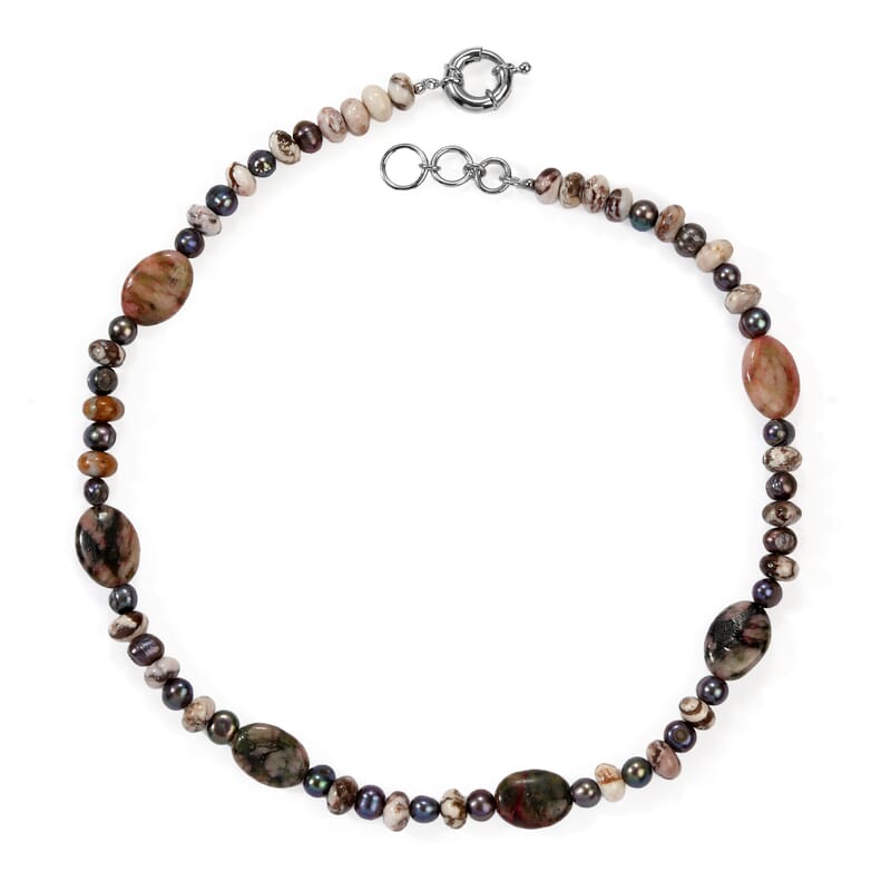 EverTrue Crazy Lace and Multi Jasper, Peacock Pearl v Necklace in Platinum Bond 18 Inches
