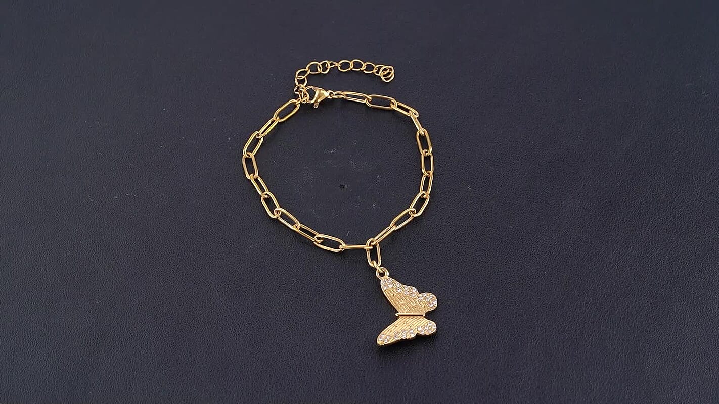 Austrian Crystal Charm Bracelet in ION Plated YG Stainless Steel (7.50-9.50In)