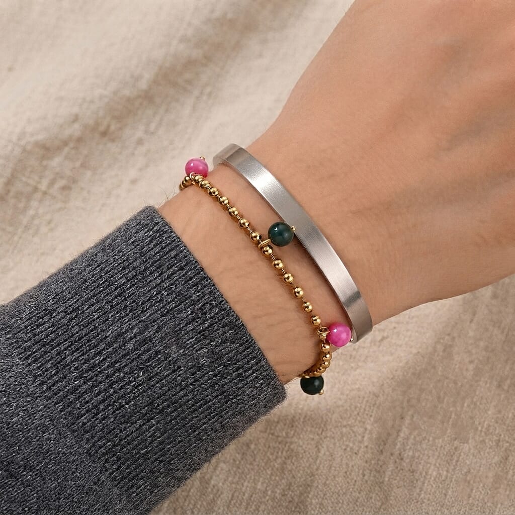 Multi Color Agate Multi Charm Bracelet in ION Plated YG Stainless Steel (7.50-9.50In)