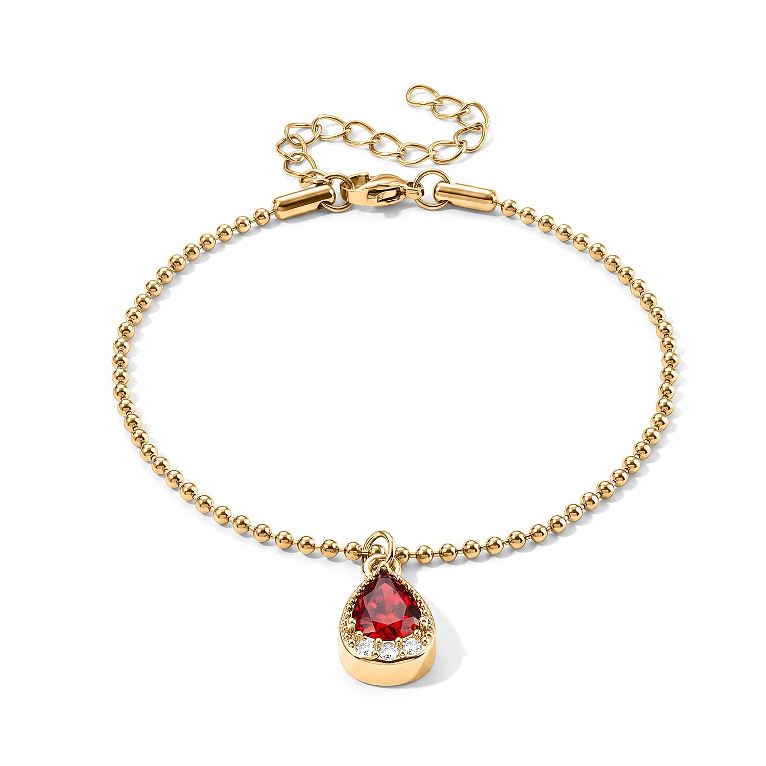 Red Glass, Austrian Crystal Cross Charm Bracelet in ION Plated YG Stainless Steel (7.5-9.5in)