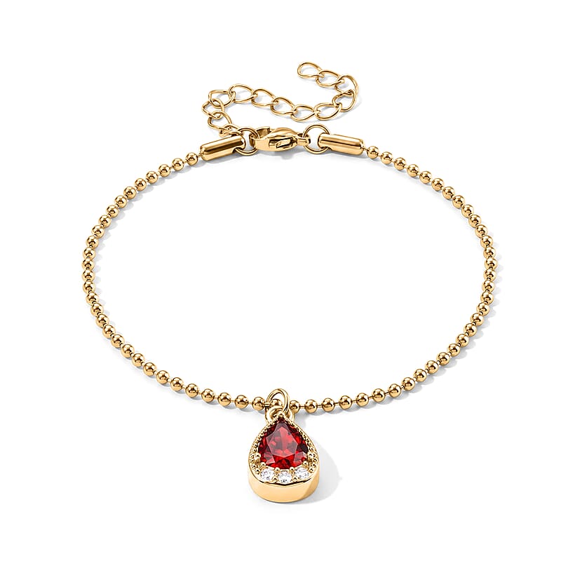 Red Glass, Austrian Crystal Cross Charm Bracelet in ION Plated YG Stainless Steel (7.5-9.5in)