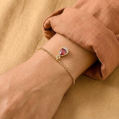 Red Glass, Austrian Crystal Cross Charm Bracelet in ION Plated YG Stainless Steel (7.5-9.5in)