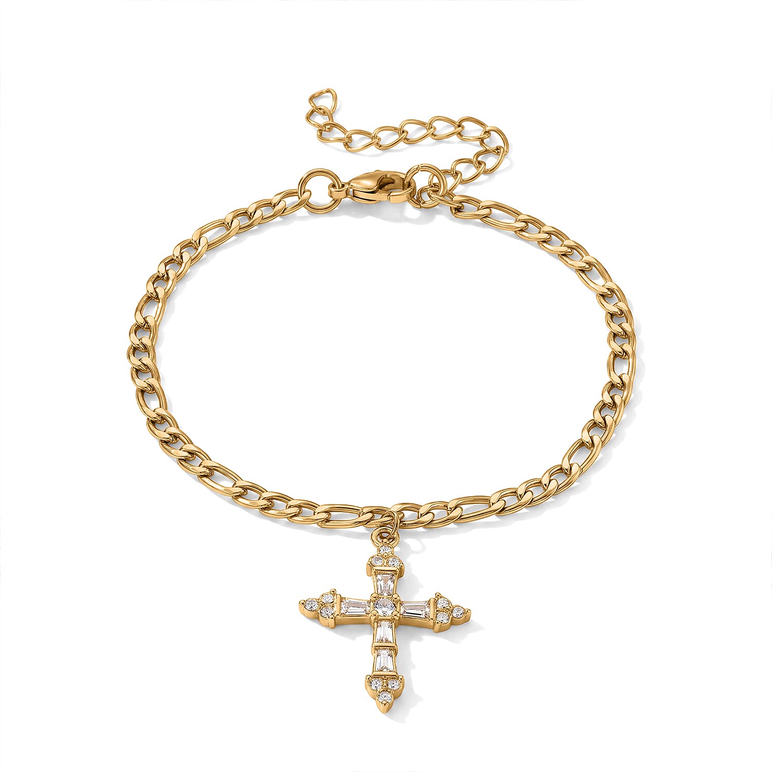 Austrian Crystal Cross Charm Bracelet in ION Plated YG Stainless Steel (7.5-9.5in)