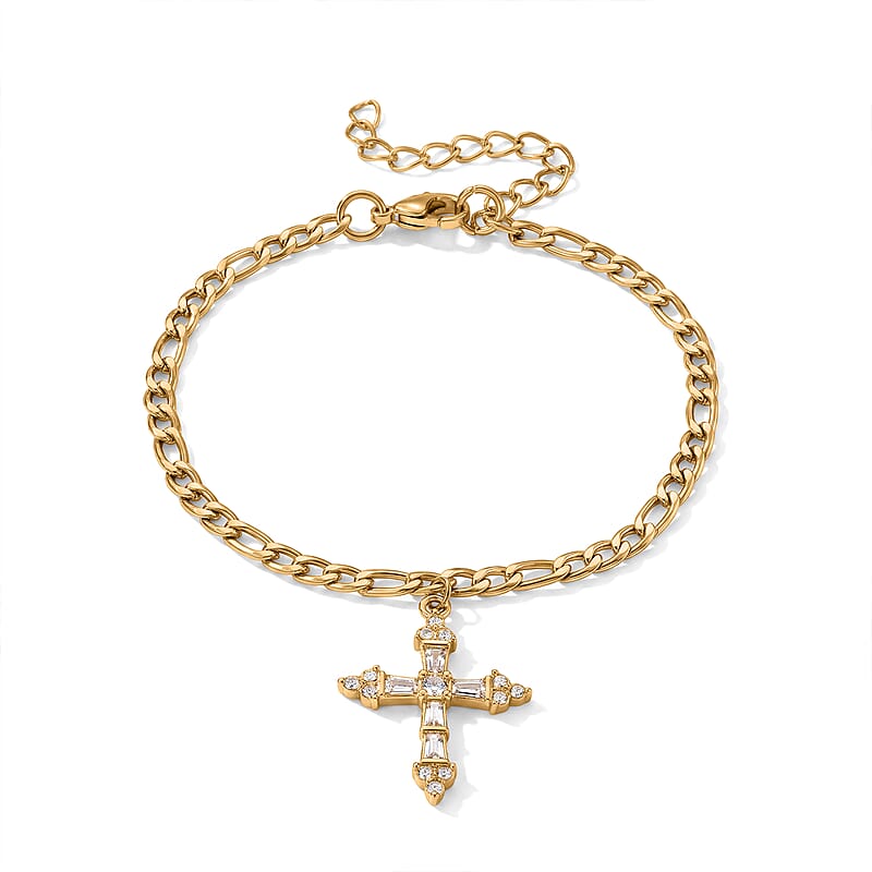 Austrian Crystal Cross Charm Bracelet in ION Plated YG Stainless Steel (7.5-9.5in)
