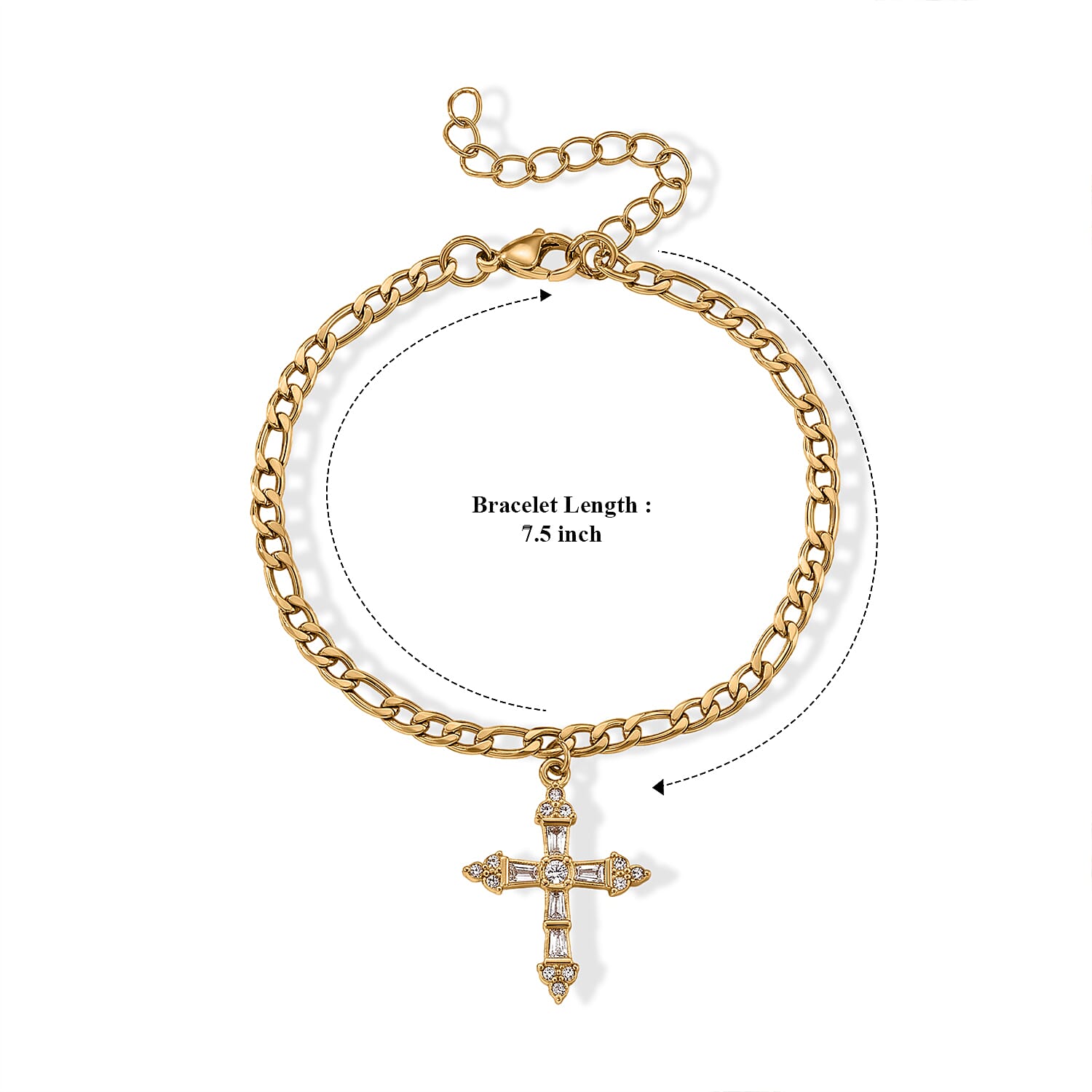 Austrian Crystal Cross Charm Bracelet in ION Plated YG Stainless Steel (7.5-9.5in)
