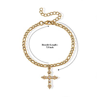 Austrian Crystal Cross Charm Bracelet in ION Plated YG Stainless Steel (7.5-9.5in)