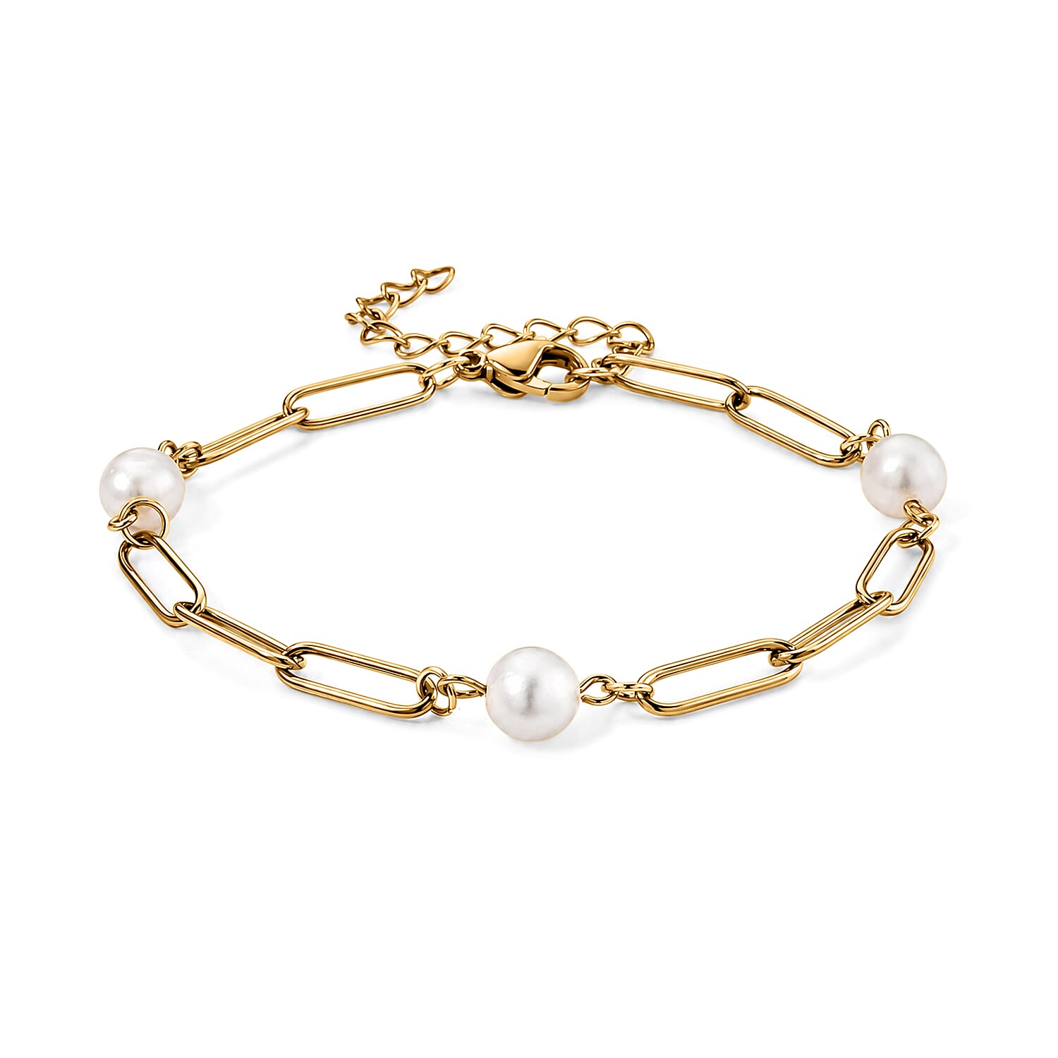 White Shell Pearl Bracelet in ION Plated YG Stainless Steel (7.50-9.50In)