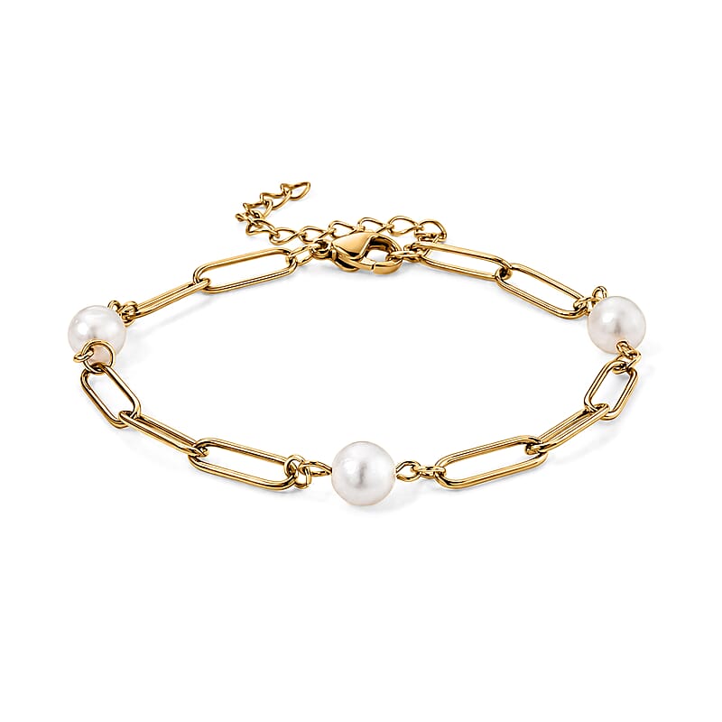 White Shell Pearl Bracelet in ION Plated YG Stainless Steel (7.50-9.50In)
