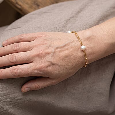 White Shell Pearl Bracelet in ION Plated YG Stainless Steel (7.50-9.50In)