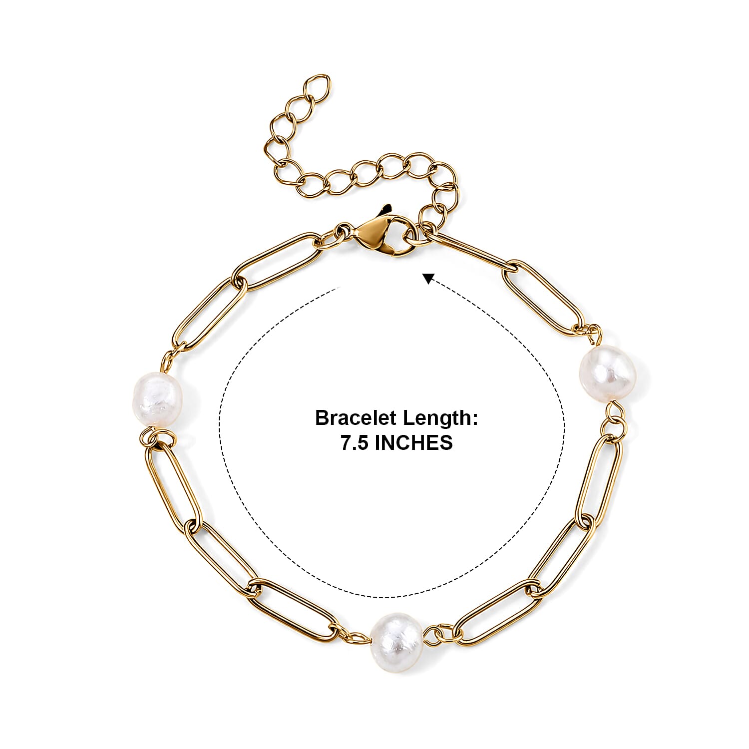 White Shell Pearl Bracelet in ION Plated YG Stainless Steel (7.50-9.50In)