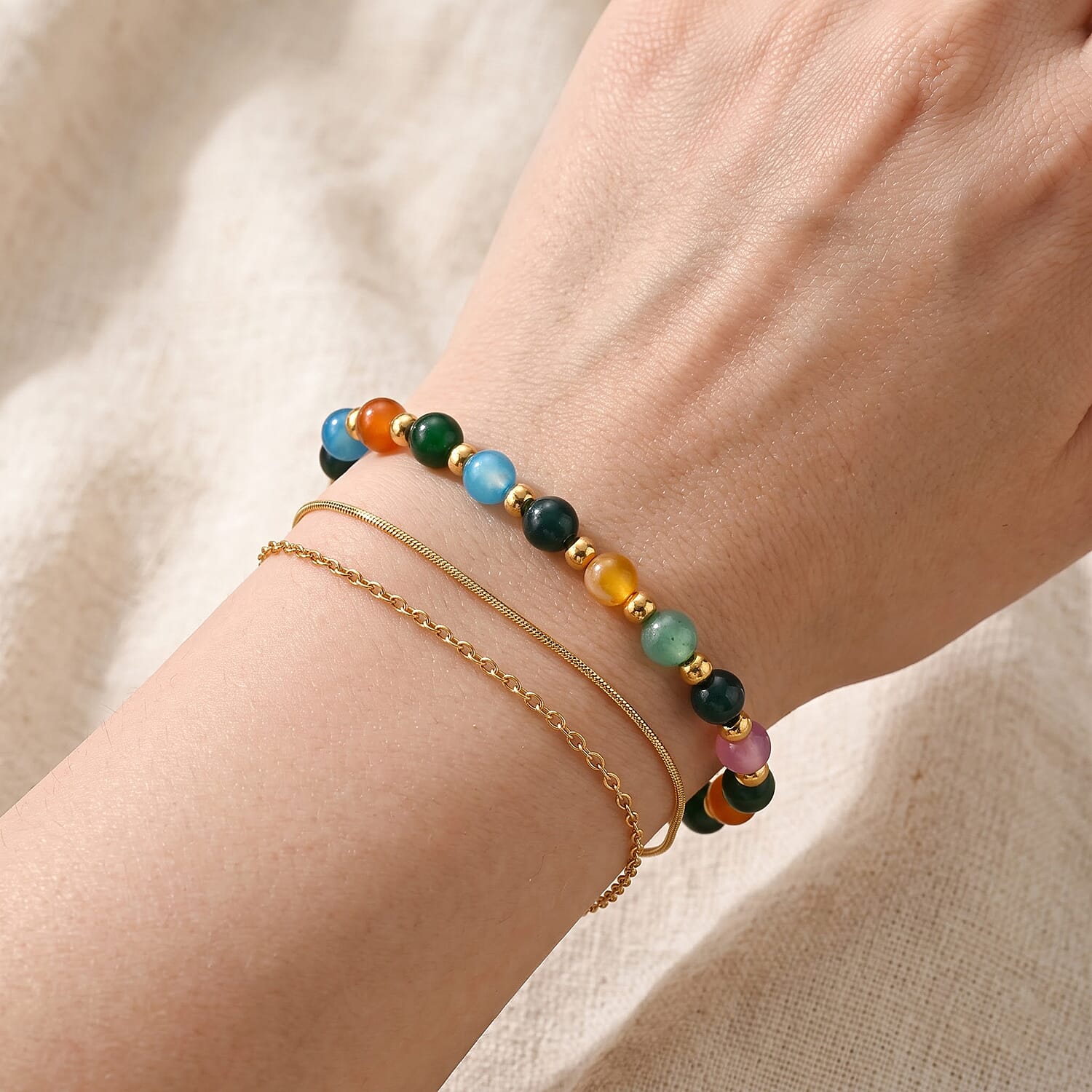 Multi Gemstone 20.00 ctw Beaded Bracelet in ION Plated YG Stainless Steel (7.50-9.50In)