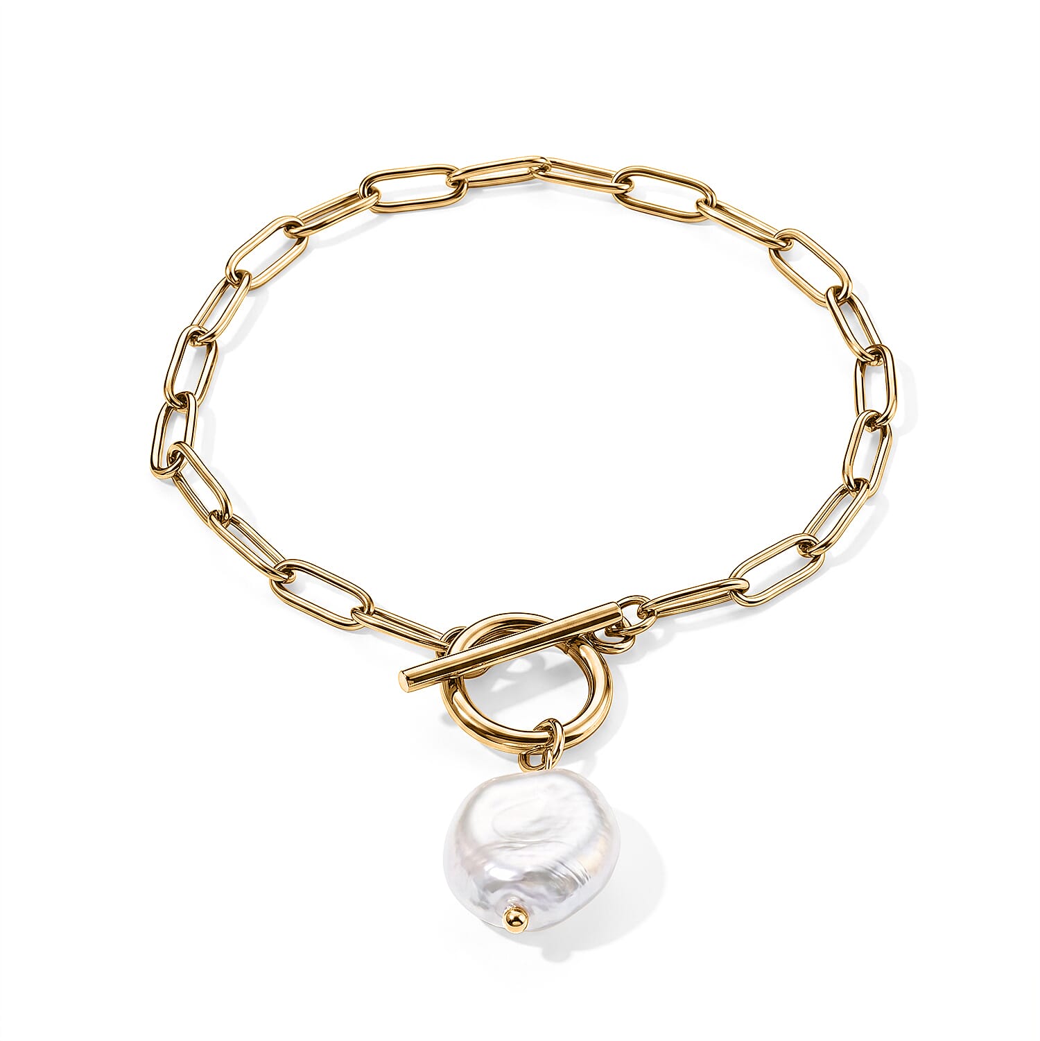 White Shell Pearl Bracelet in ION PlatedYG Stainless Steel (7.50-9.50In)