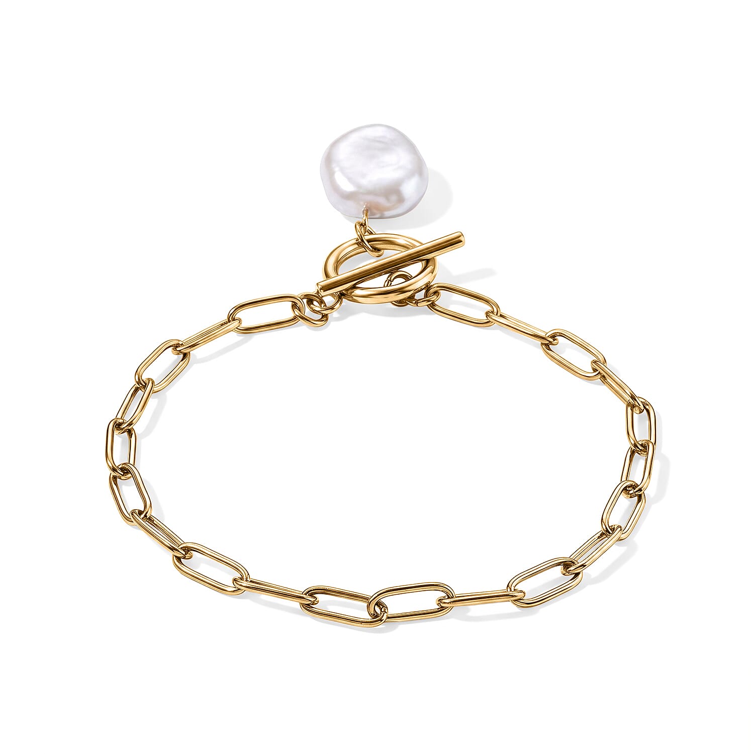 Stackable White Shell Pearl Paperclip Chain Drop Bracelet in ION Plated YG Stainless Steel (7.50-9.50In)