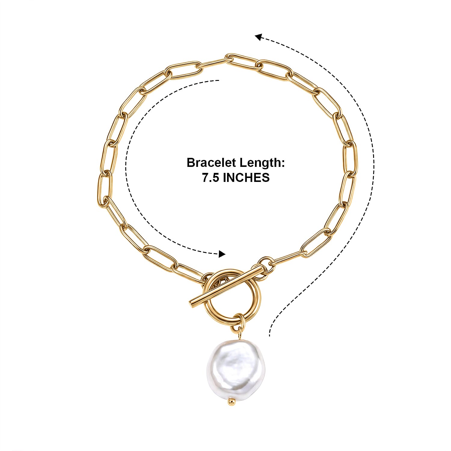 Stackable White Shell Pearl Paperclip Chain Drop Bracelet in ION Plated YG Stainless Steel (7.50-9.50In)