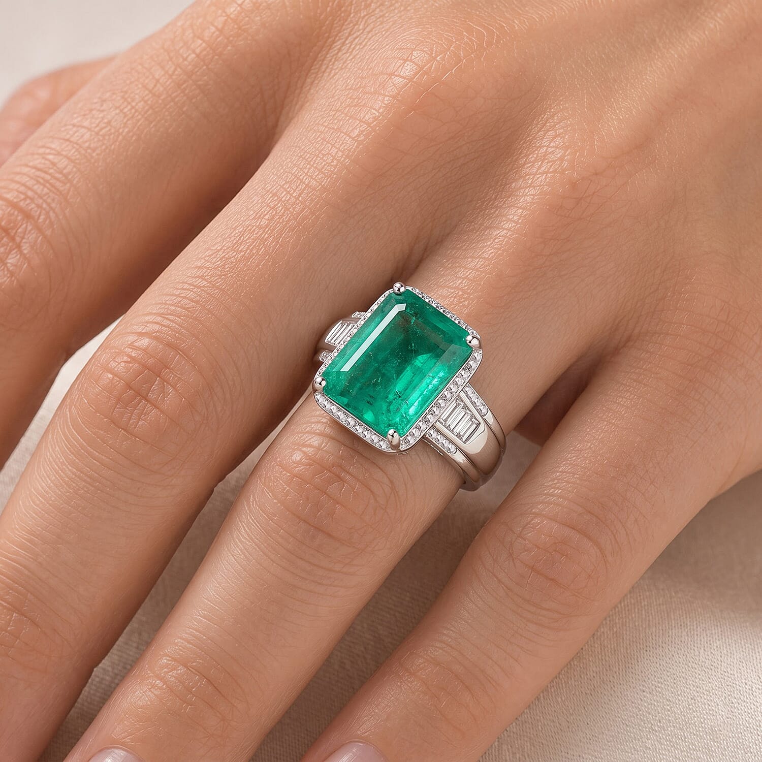 EverTrue Emeraldine Triplet Quartz, Moissanite Ring in Platinum Bond (Size 5.0) 9.10 ctw